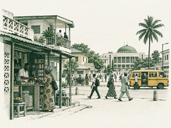 An illustrated Nigerian street with shops, homes, pedestrians, a yellow minibus and a civic building.
